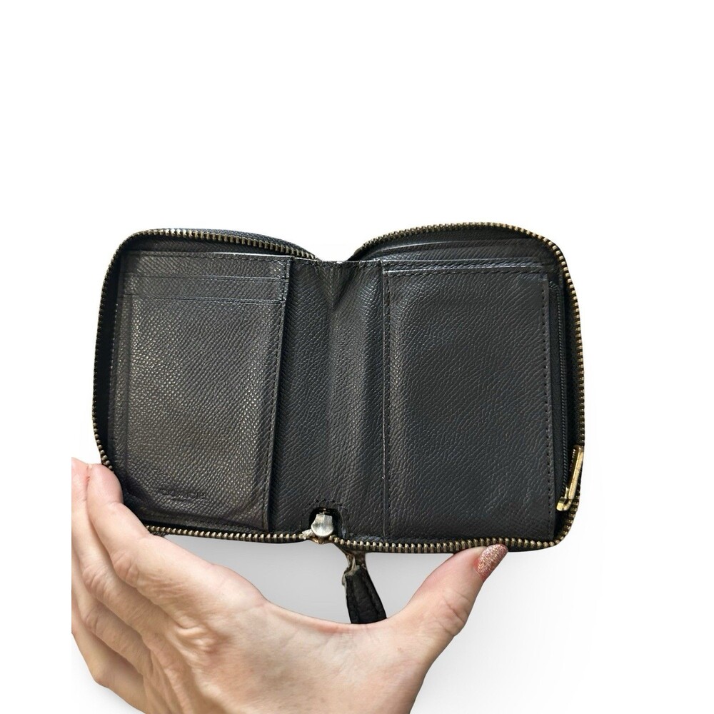 Coach Black Pebbled Leather Small Zip Around Wallet Coin Purse Gold Logo Good - Picture 3 of 8